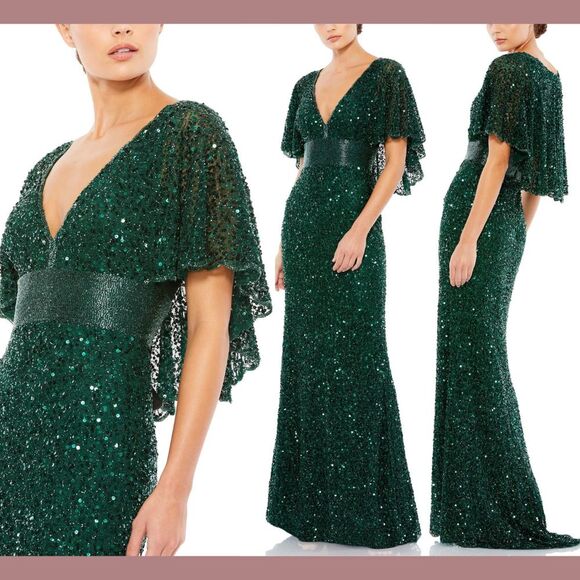 NWT $698 Mac Duggal [ 10 ] Sequined V Neck Cape Sleeve‎ Beaded Gown Green #S1171 - Picture 1 of 16